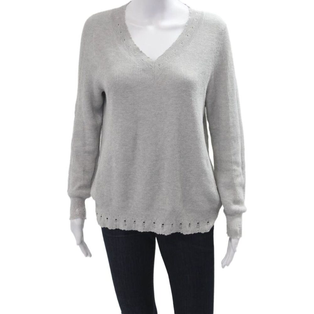 Caryn Vallone Women Pullover Sweater V-Neck Gray Cotton Long Sleeve Size XS